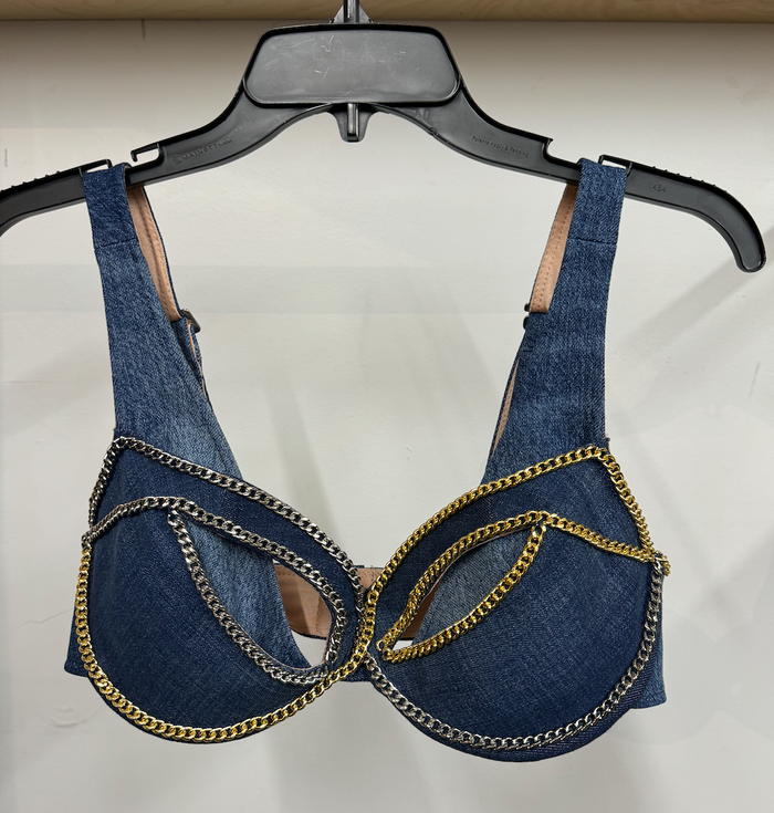 Denim Bra with Metal Chain