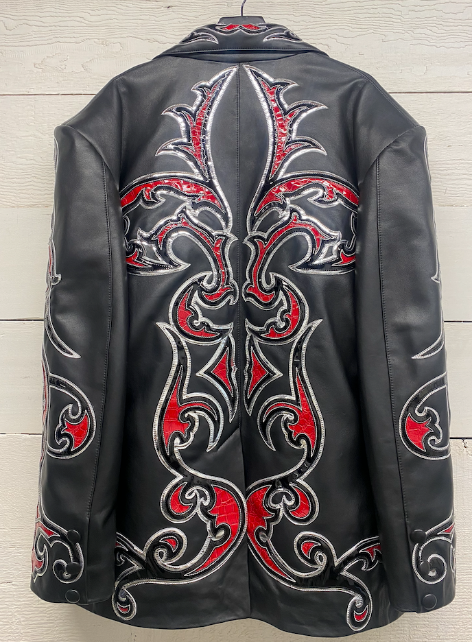 Black Leather Jacket w/ Red Designs